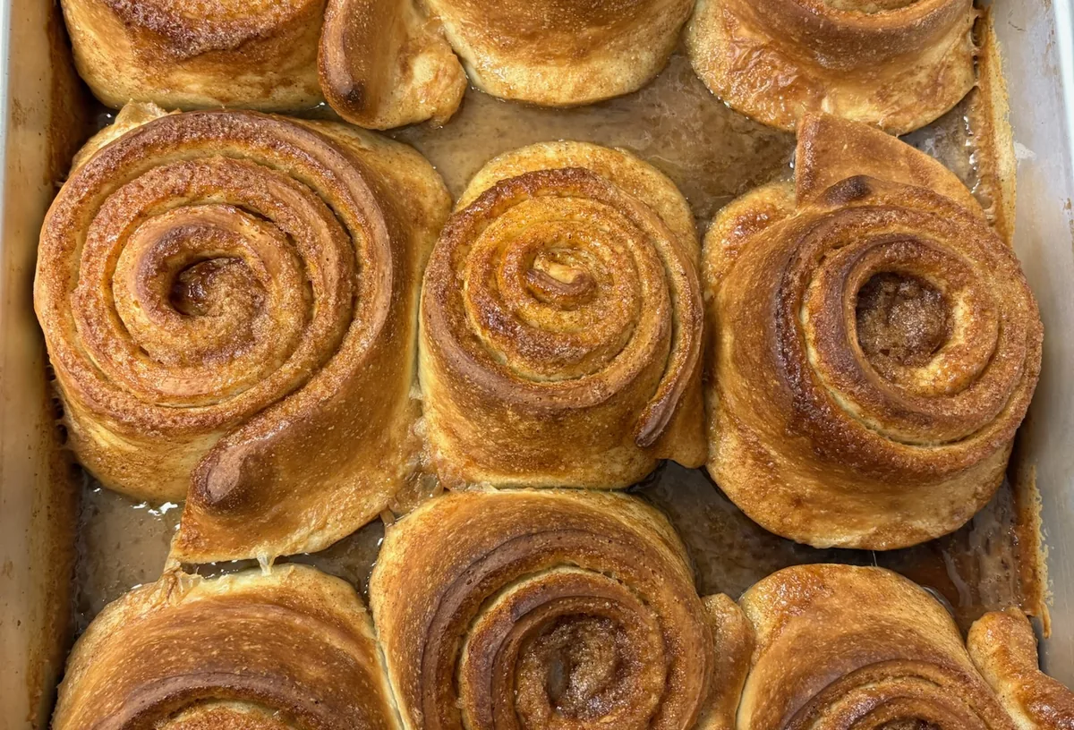 A tray of house-made cinnamon rolls fresh from the oven at B's Bagels