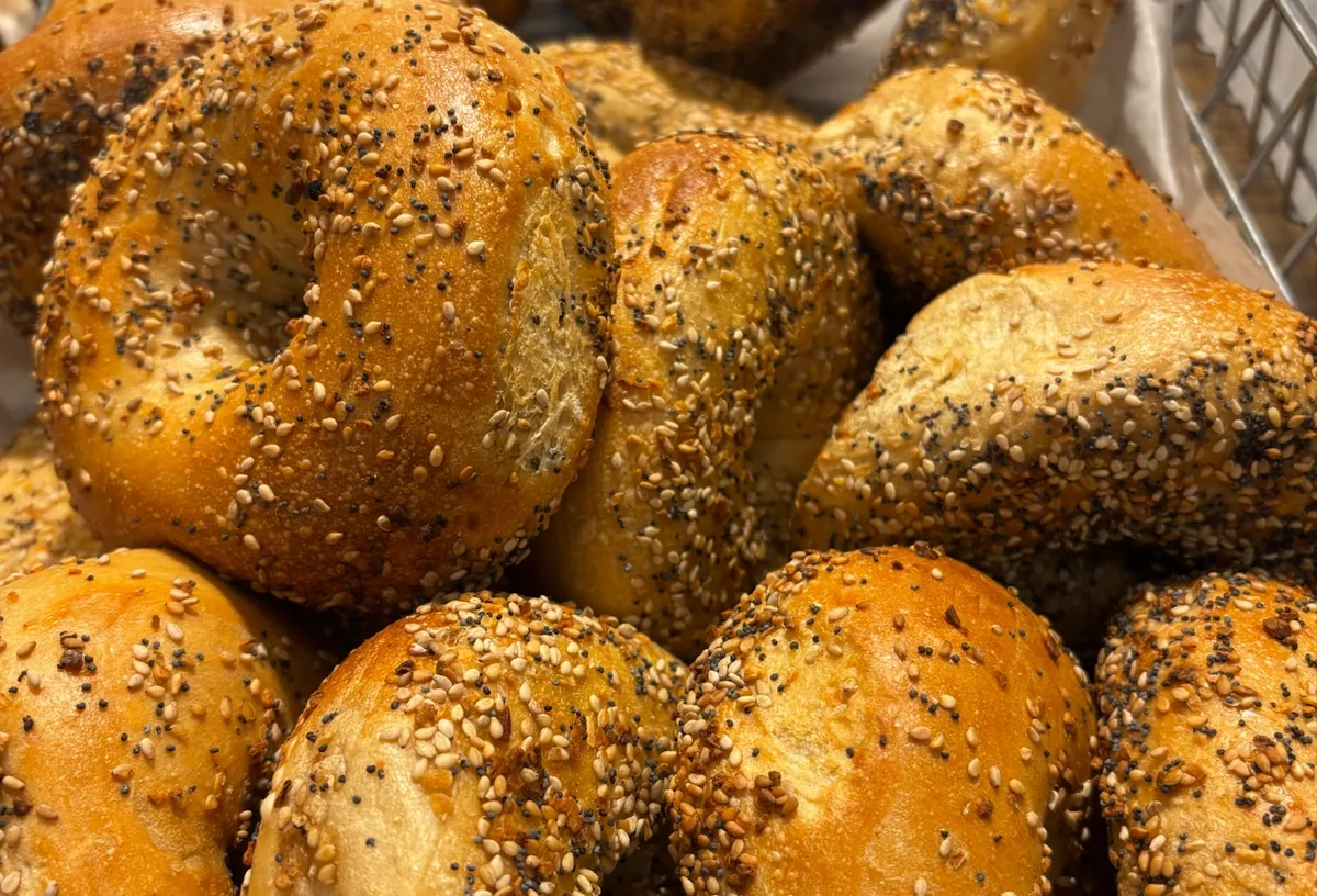 A basket of fresh everything bagels at B's Bagels in Westfield